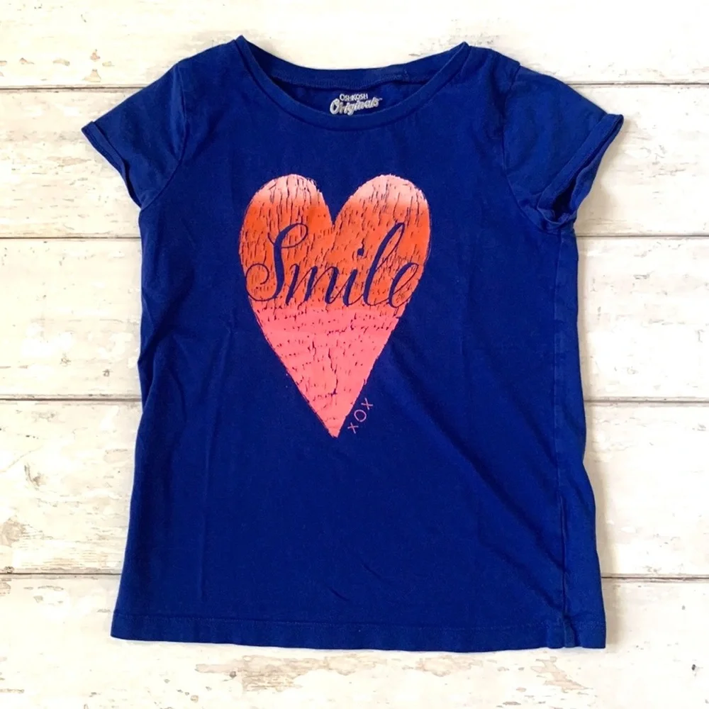 Girls Size 7 Blue Heart Smile Shirt OshKosh Originals Kids Top 100% Cotton